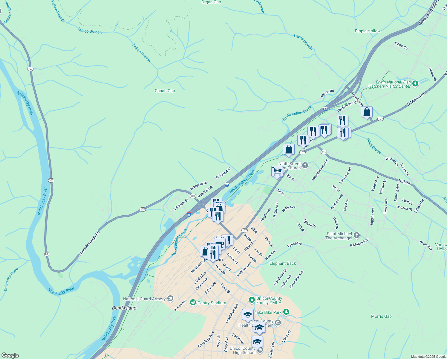 map of restaurants, bars, coffee shops, grocery stores, and more near 1113 Valley Dr in Erwin