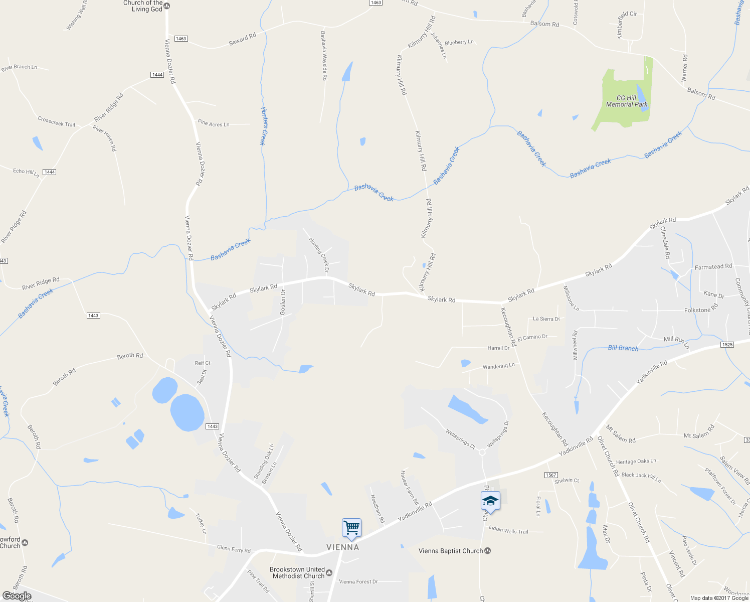 map of restaurants, bars, coffee shops, grocery stores, and more near 6398 Skylark Road in Pfafftown