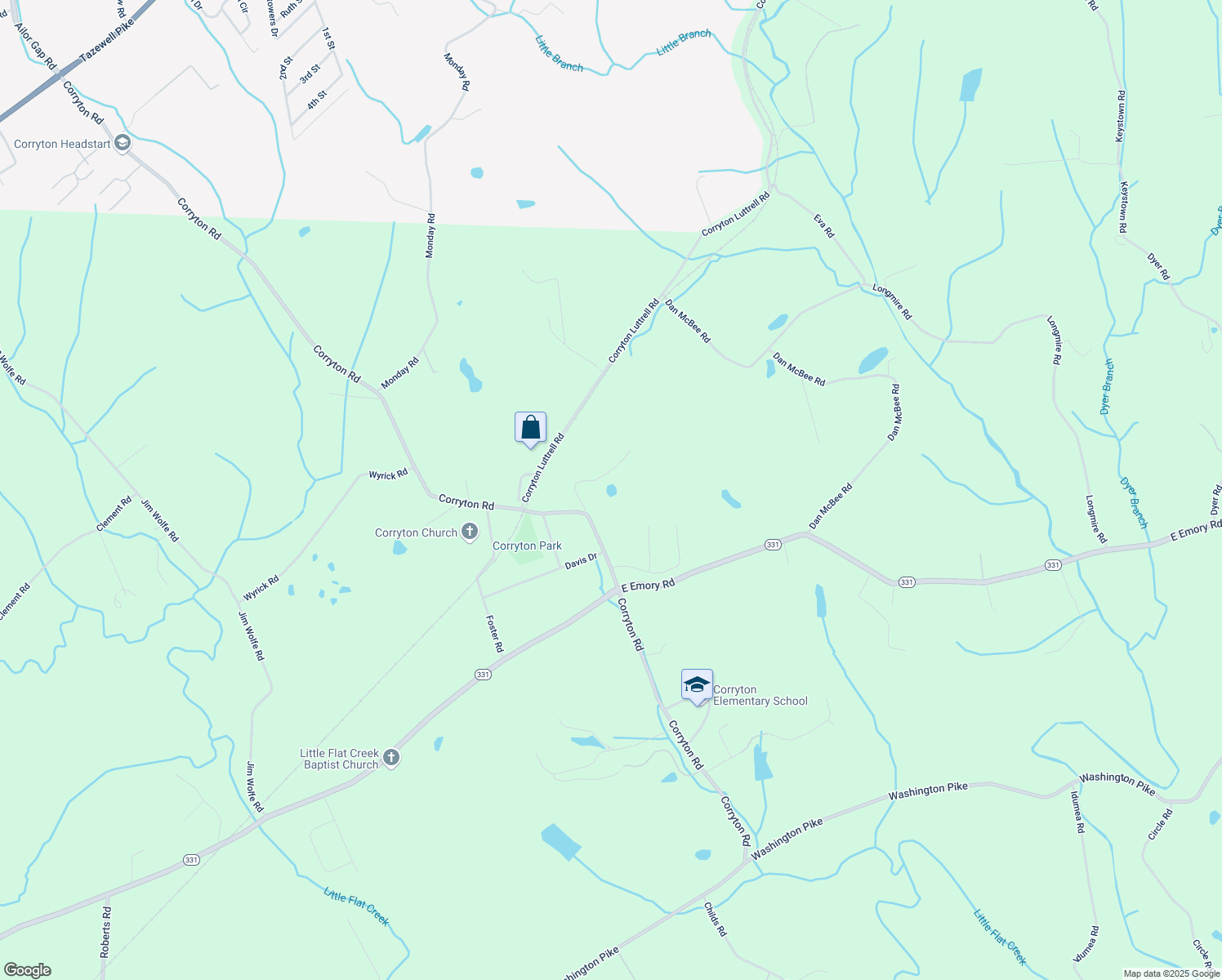 map of restaurants, bars, coffee shops, grocery stores, and more near 7720 Tillett Lane in Corryton
