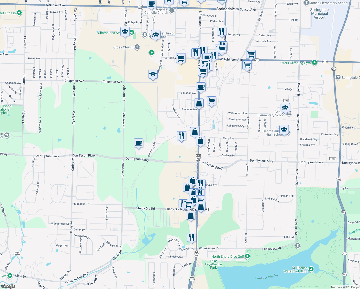 map of restaurants, bars, coffee shops, grocery stores, and more near 3200 S Thompson St in Springdale