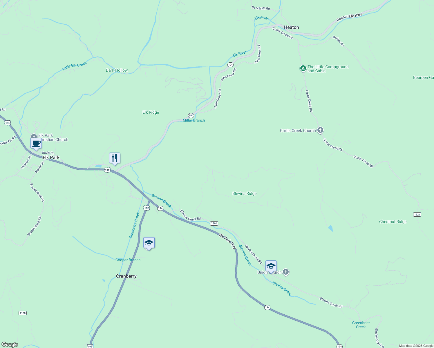 map of restaurants, bars, coffee shops, grocery stores, and more near 150 Quail Hollow Drive in Elk Park