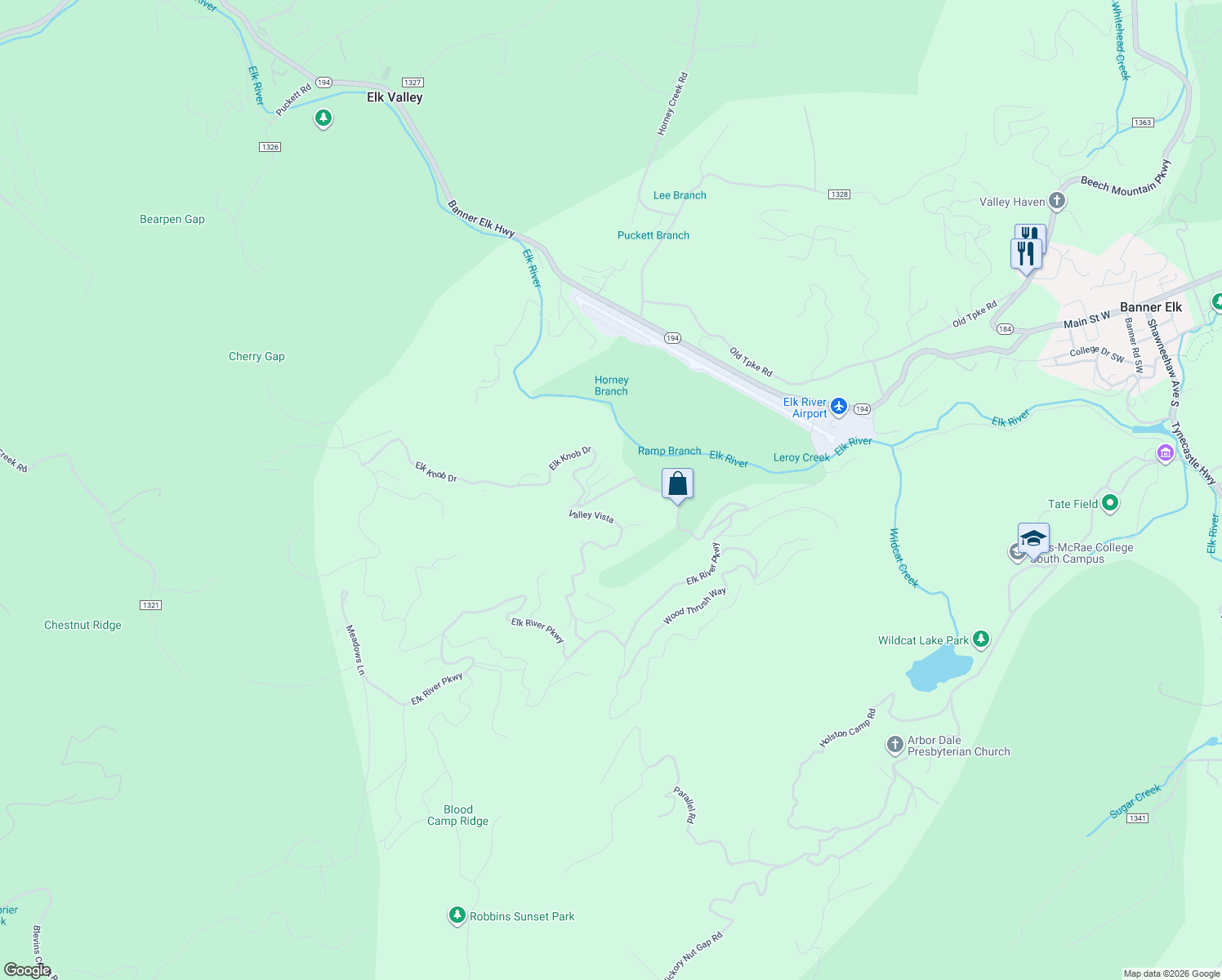 map of restaurants, bars, coffee shops, grocery stores, and more near 45 Elk Knob Drive in Banner Elk