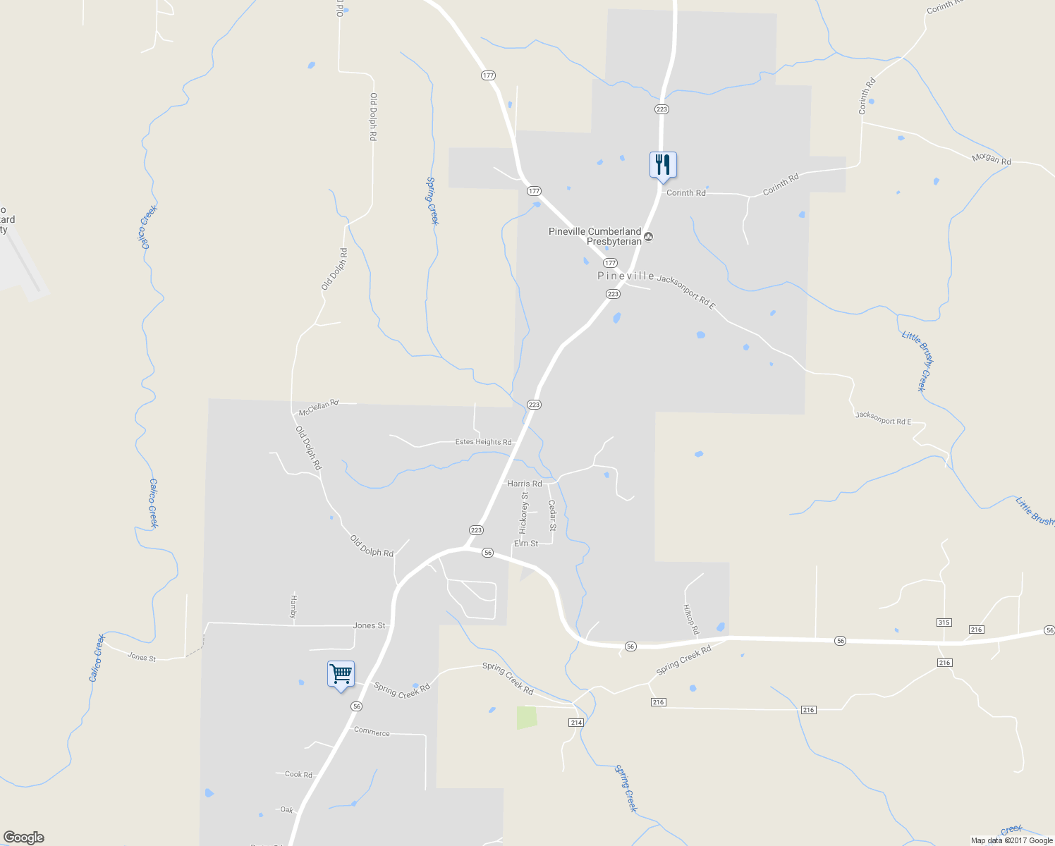 map of restaurants, bars, coffee shops, grocery stores, and more near 394 Arkansas 223 in Pineville