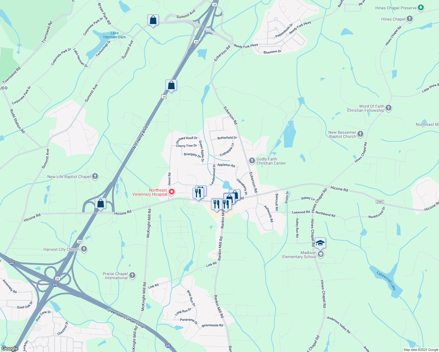 map of restaurants, bars, coffee shops, grocery stores, and more near 4104 Sunbury Dr in Greensboro