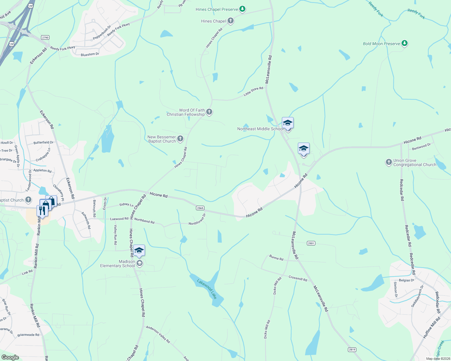 map of restaurants, bars, coffee shops, grocery stores, and more near 4936 Streamside Dr in McLeansville