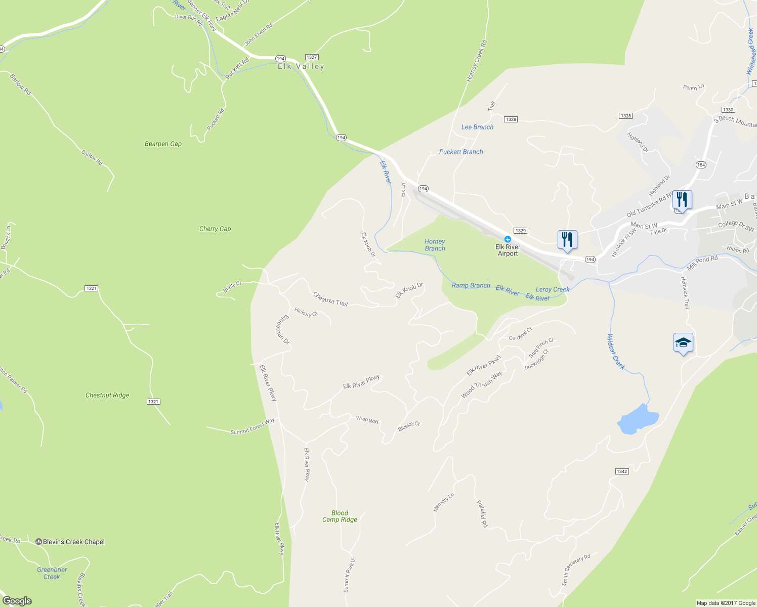 map of restaurants, bars, coffee shops, grocery stores, and more near 188 Laurel Ridge Lane in Banner Elk
