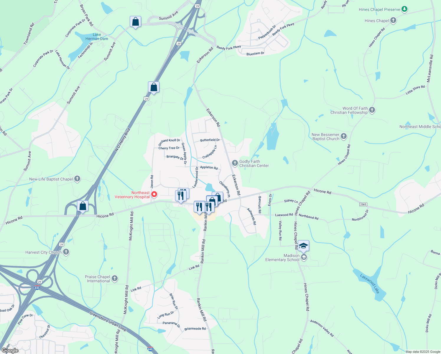 map of restaurants, bars, coffee shops, grocery stores, and more near 5704 Chinaberry Pl in Greensboro
