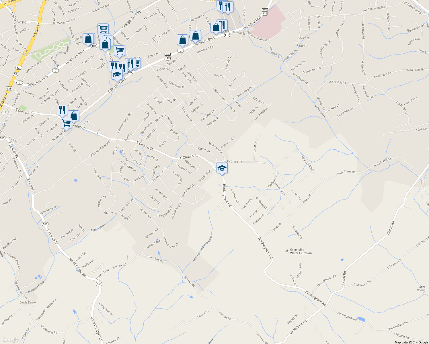 map of restaurants, bars, coffee shops, grocery stores, and more near 1920 Buckingham Road in Greeneville