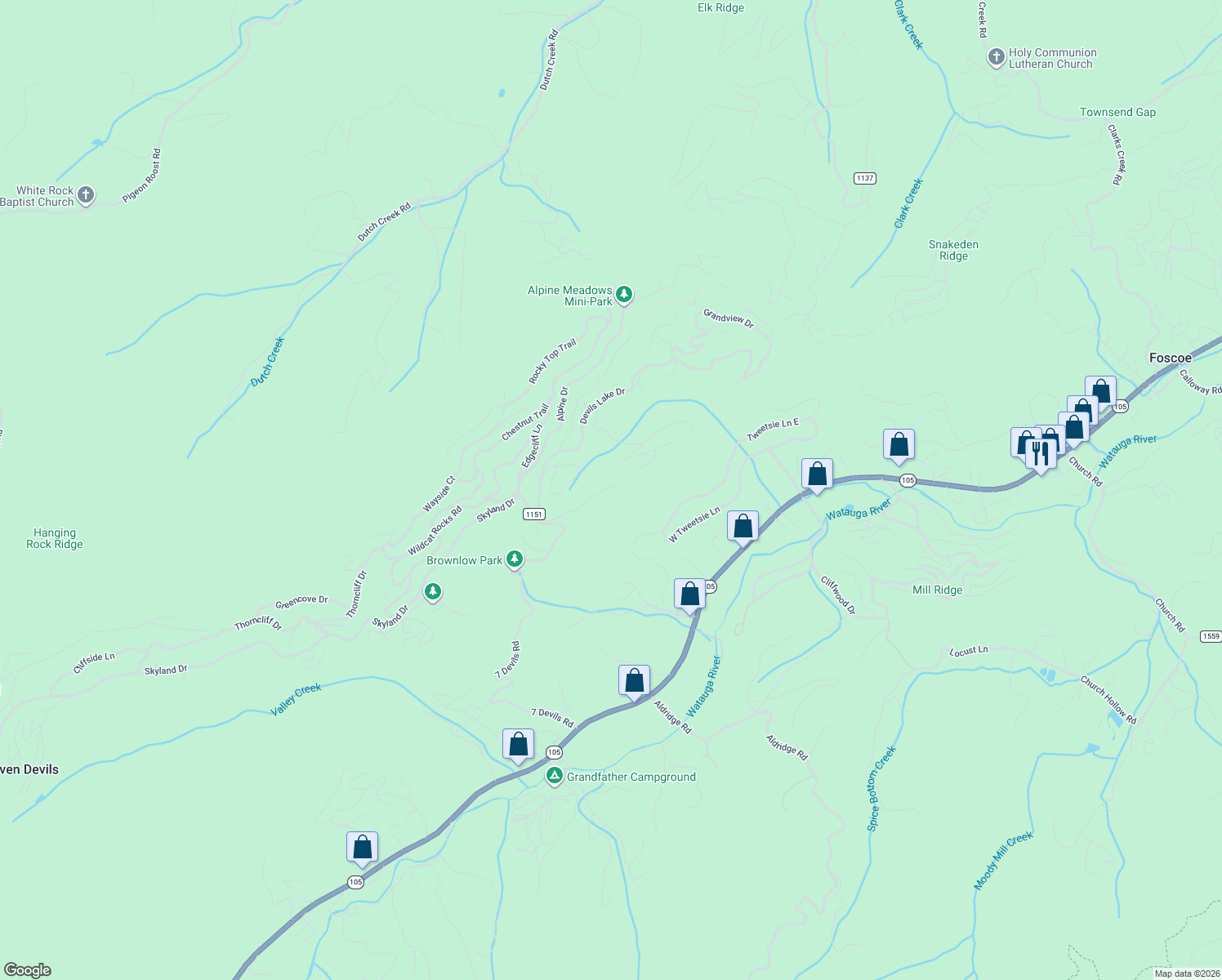 map of restaurants, bars, coffee shops, grocery stores, and more near 348 Chinkapin Ridge Road in Banner Elk