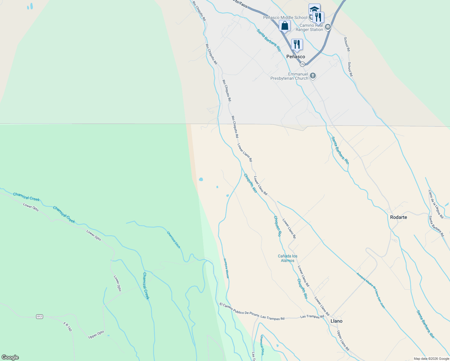 map of restaurants, bars, coffee shops, grocery stores, and more near Pacheco Rd in Peñasco