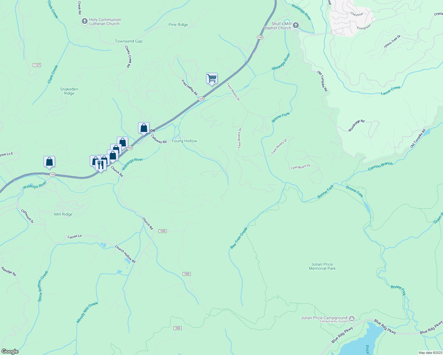 map of restaurants, bars, coffee shops, grocery stores, and more near 131 Fox Cove Road North in Boone