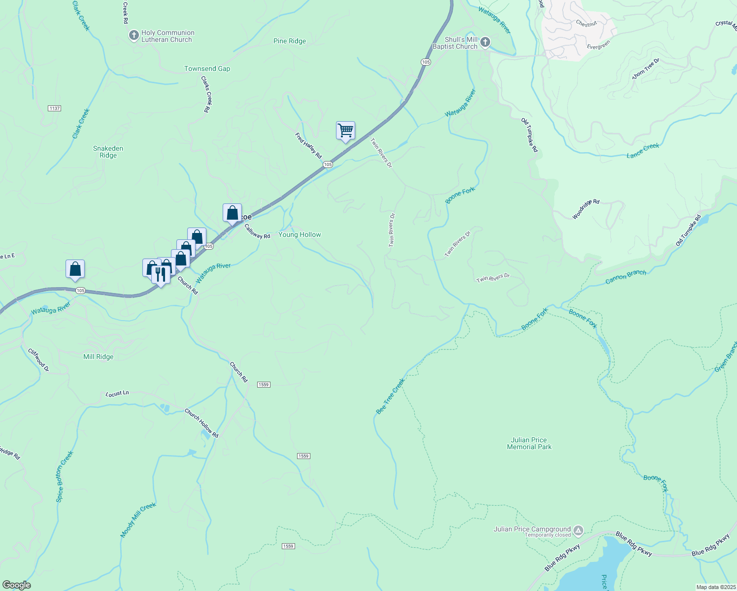 map of restaurants, bars, coffee shops, grocery stores, and more near 131 Fox Cove Road North in Boone