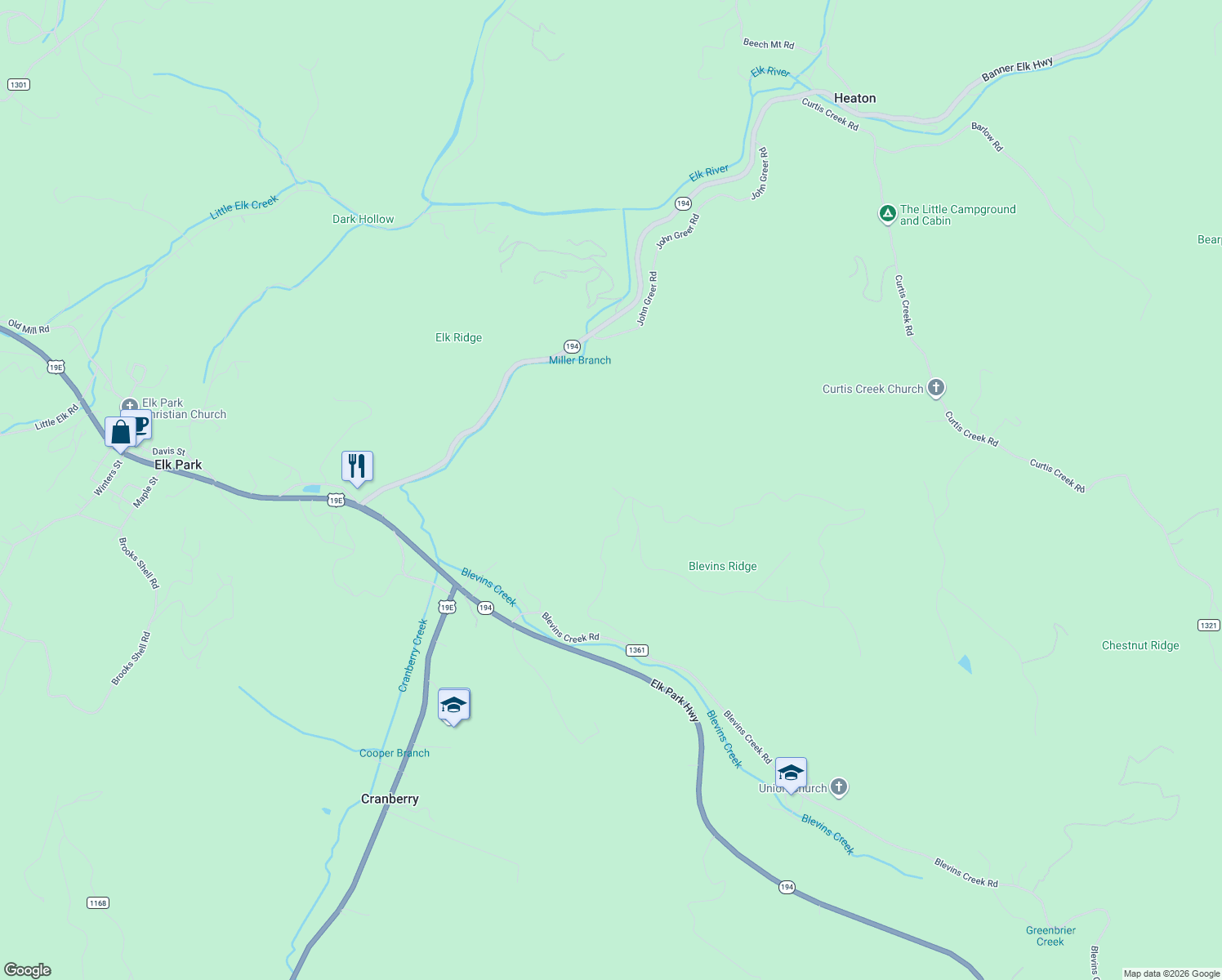 map of restaurants, bars, coffee shops, grocery stores, and more near 1 Raspberry Lane in Elk Park