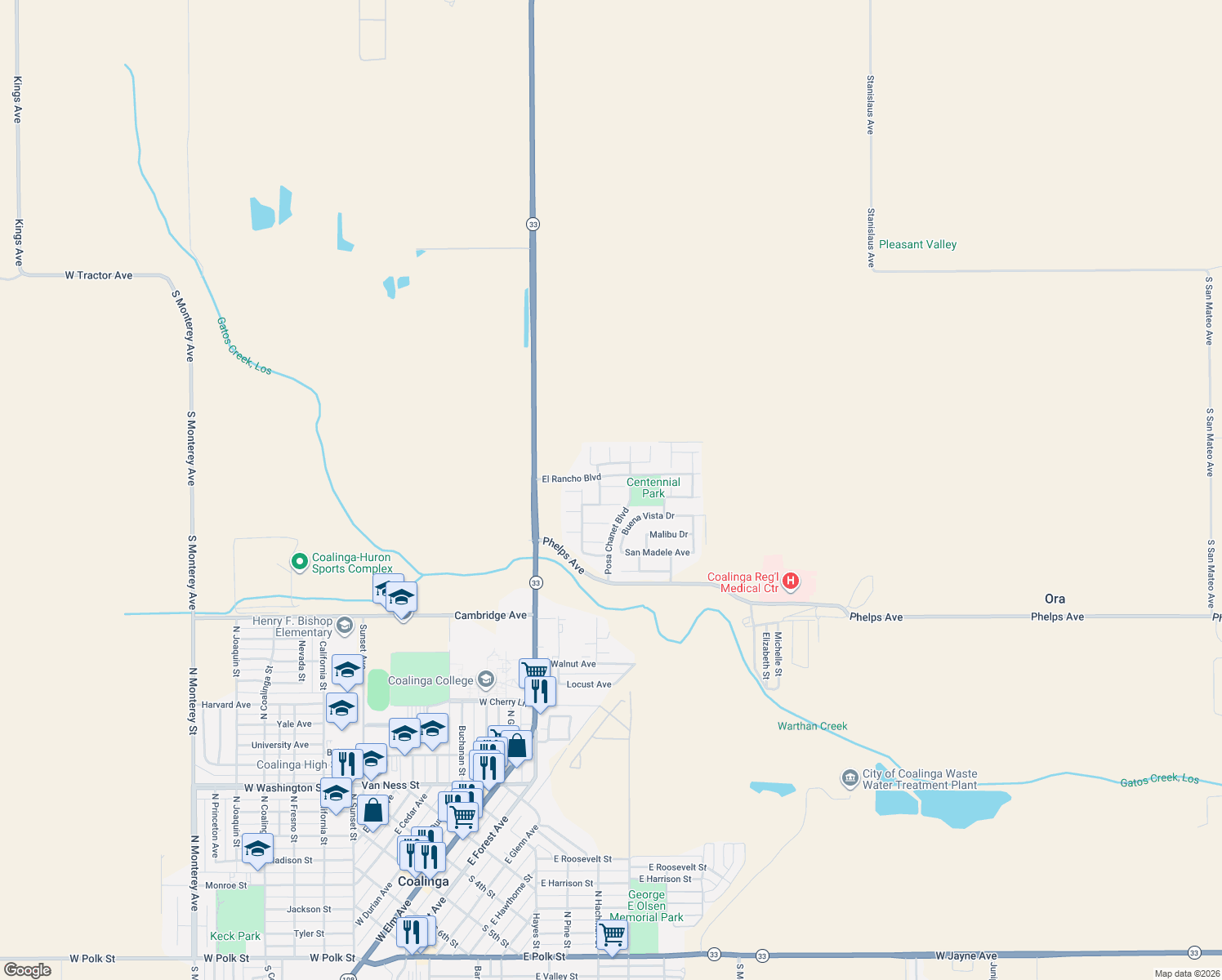 map of restaurants, bars, coffee shops, grocery stores, and more near 308 San Ramon Court in Coalinga