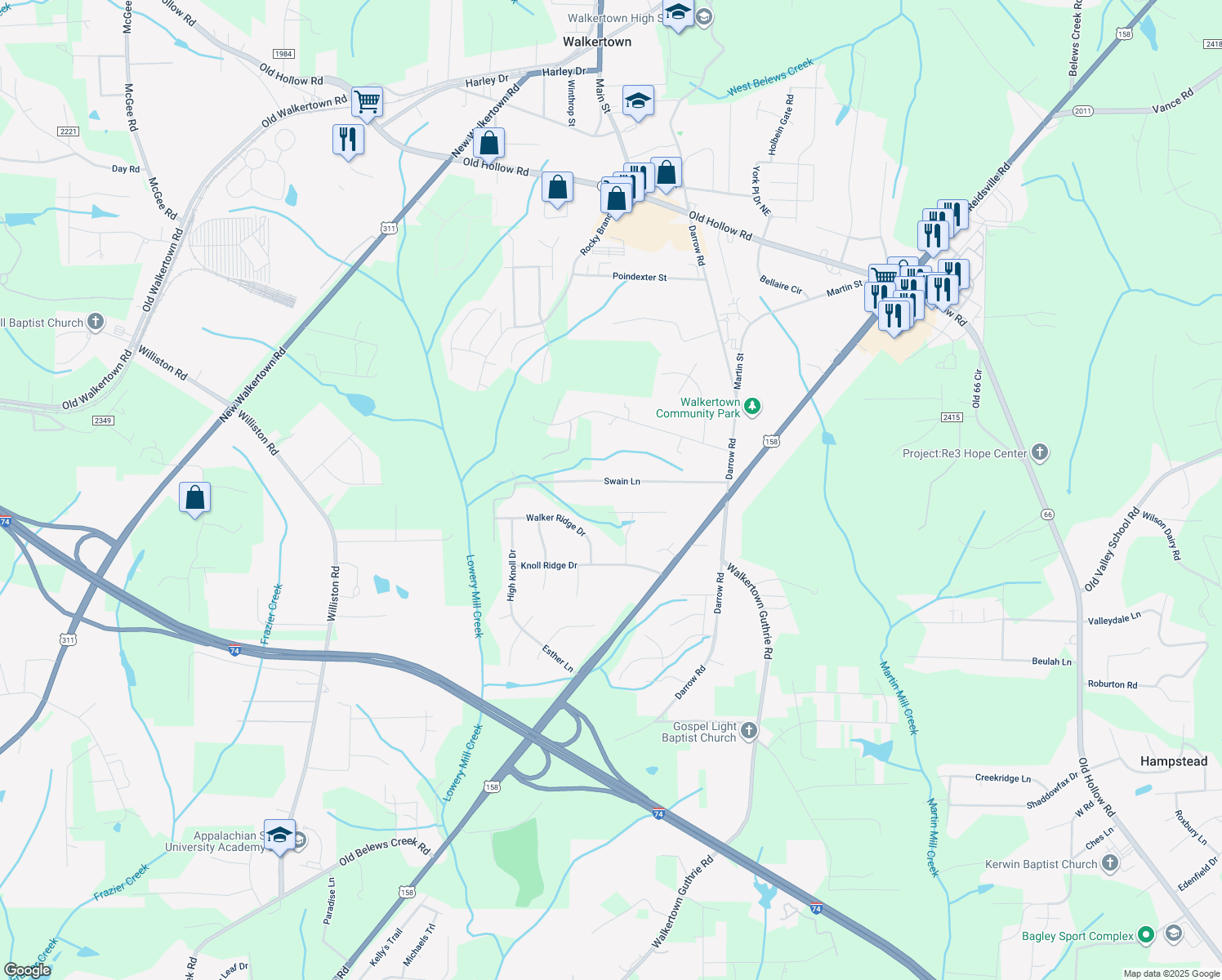 map of restaurants, bars, coffee shops, grocery stores, and more near 4710 Swain Ln in Walkertown