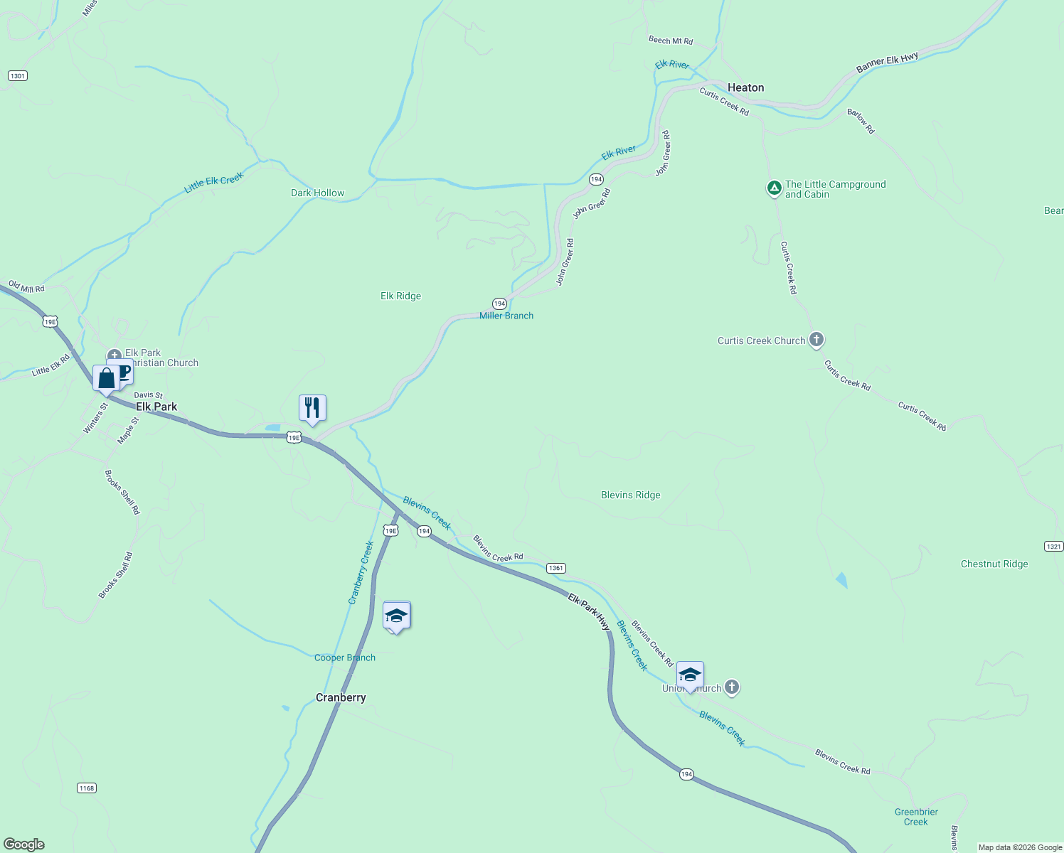 map of restaurants, bars, coffee shops, grocery stores, and more near 1 Raspberry Lane in Elk Park