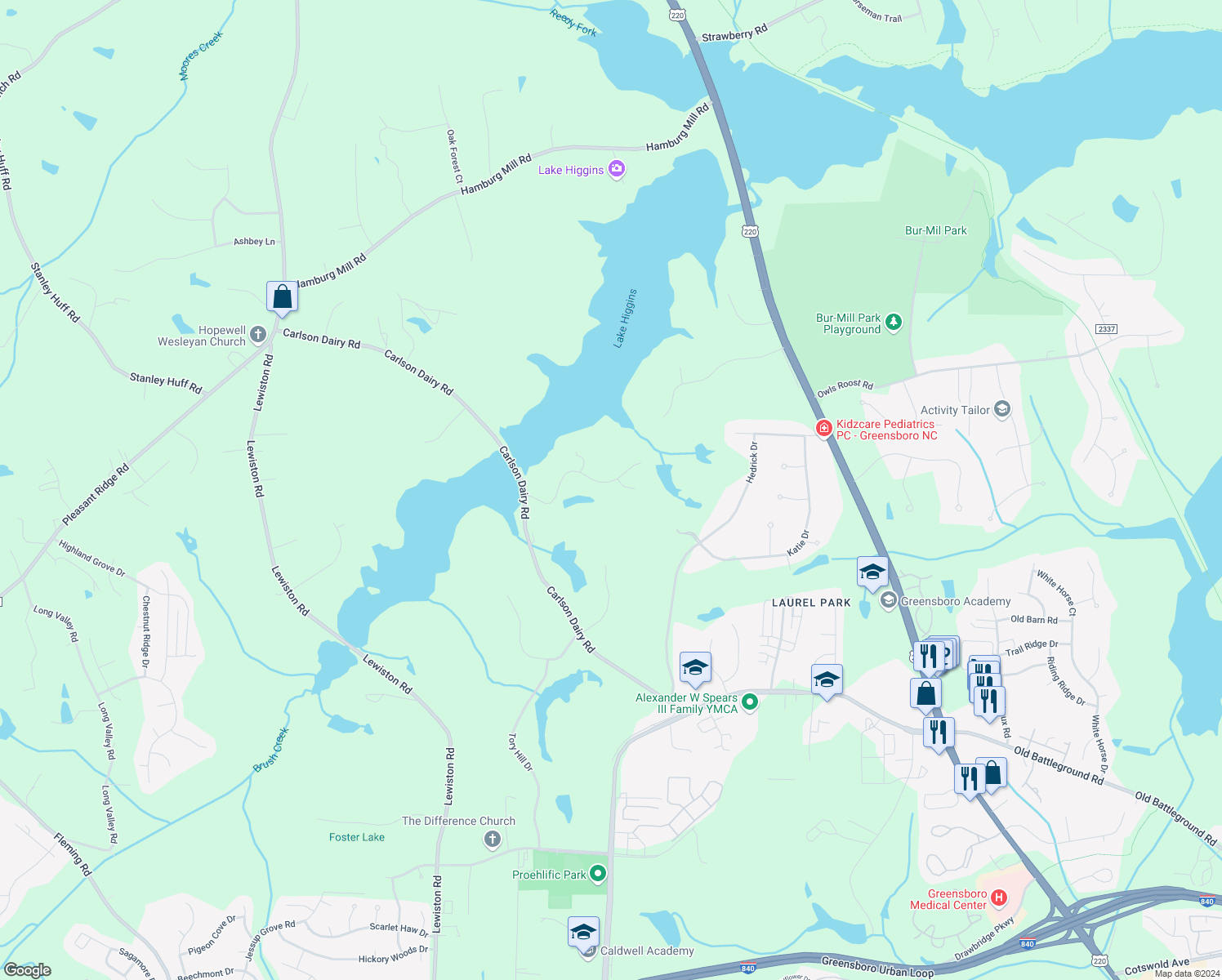 map of restaurants, bars, coffee shops, grocery stores, and more near 5501 Westfield Drive in Greensboro