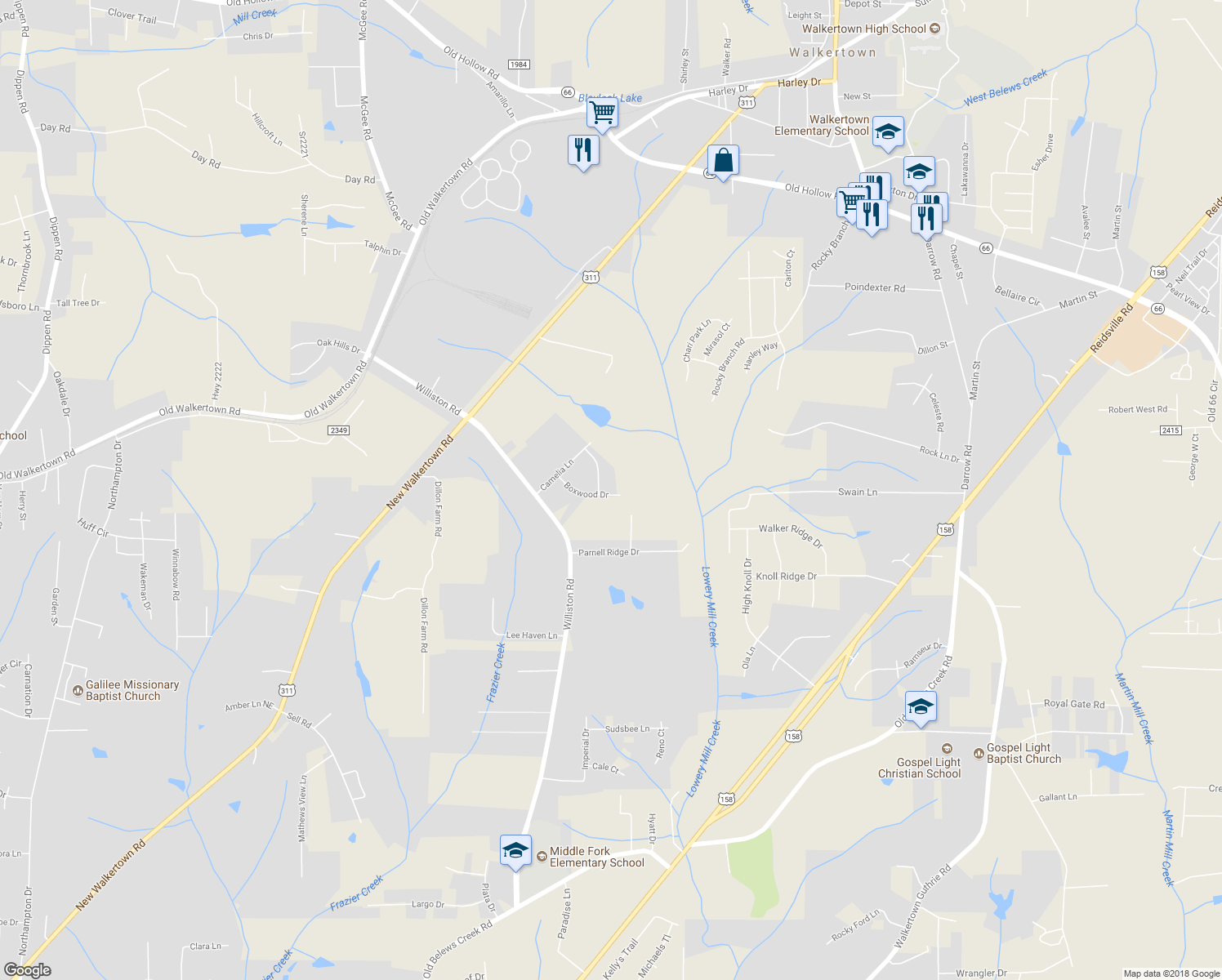 map of restaurants, bars, coffee shops, grocery stores, and more near 4715 Boxwood Drive in Walkertown