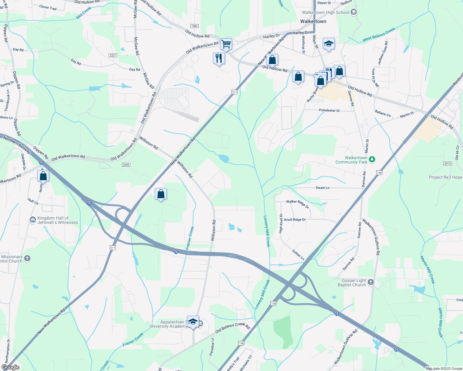 map of restaurants, bars, coffee shops, grocery stores, and more near 4725 Boxwood Dr in Walkertown