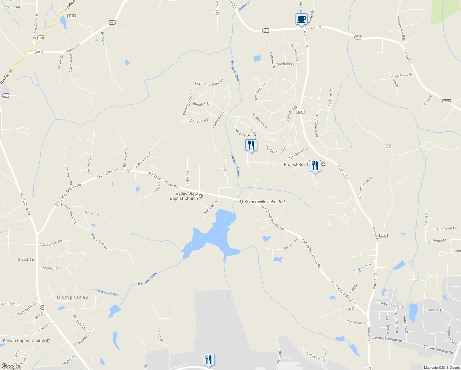 map of restaurants, bars, coffee shops, grocery stores, and more near 6379 Inez Lane in Kernersville