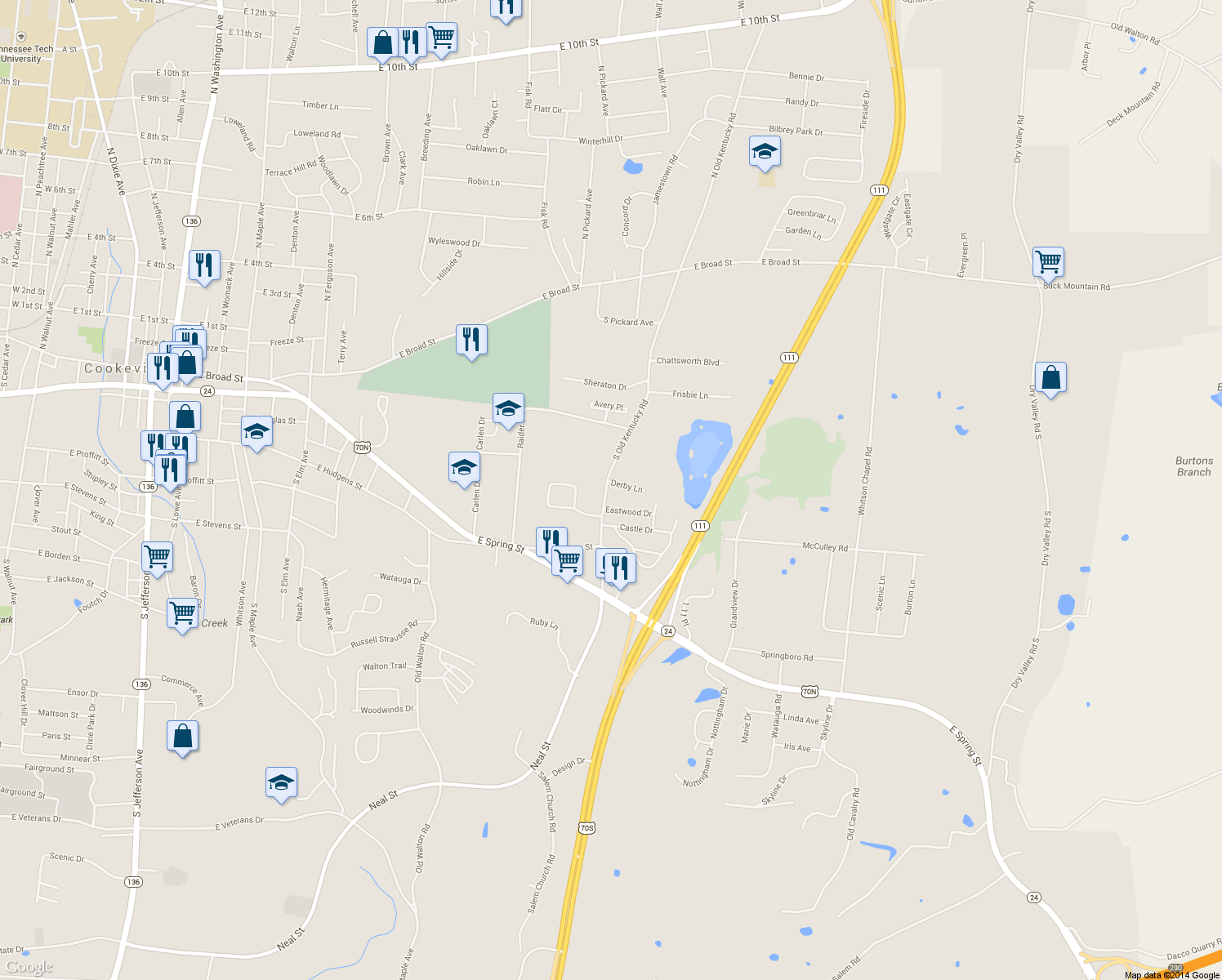 map of restaurants, bars, coffee shops, grocery stores, and more near 1301 Derby Lane in Cookeville