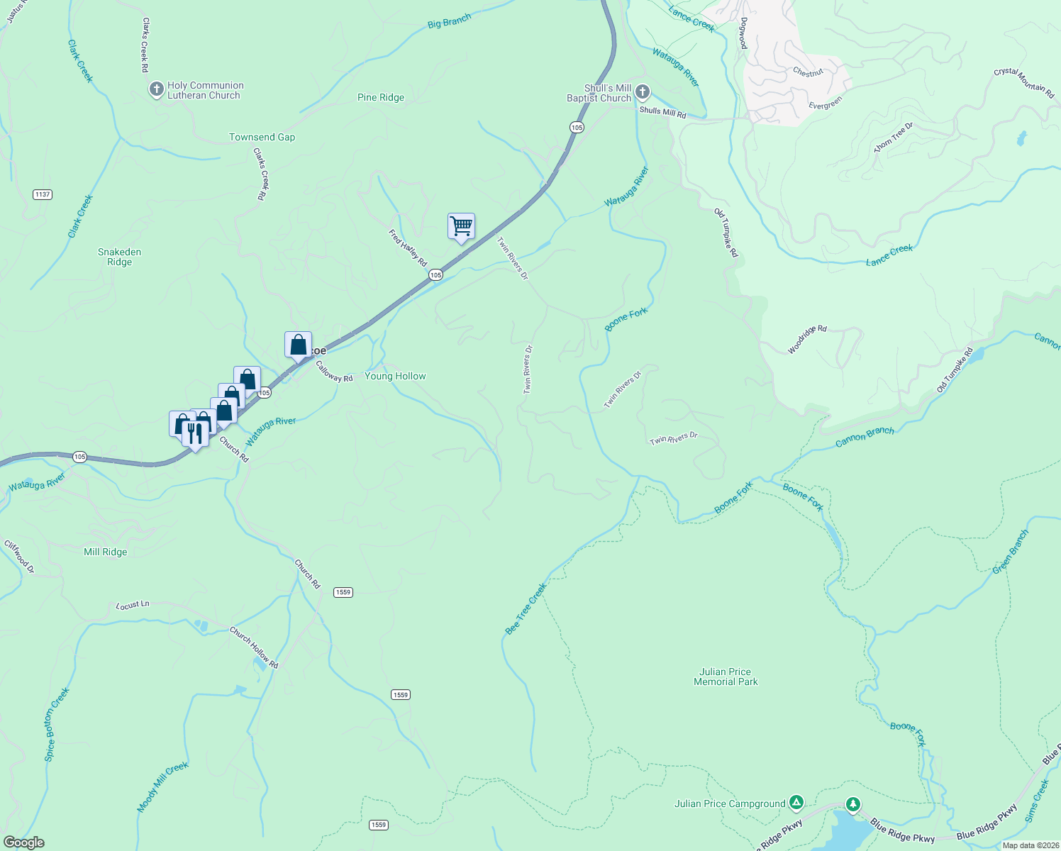 map of restaurants, bars, coffee shops, grocery stores, and more near 101-289 Ontario Ridge in Boone