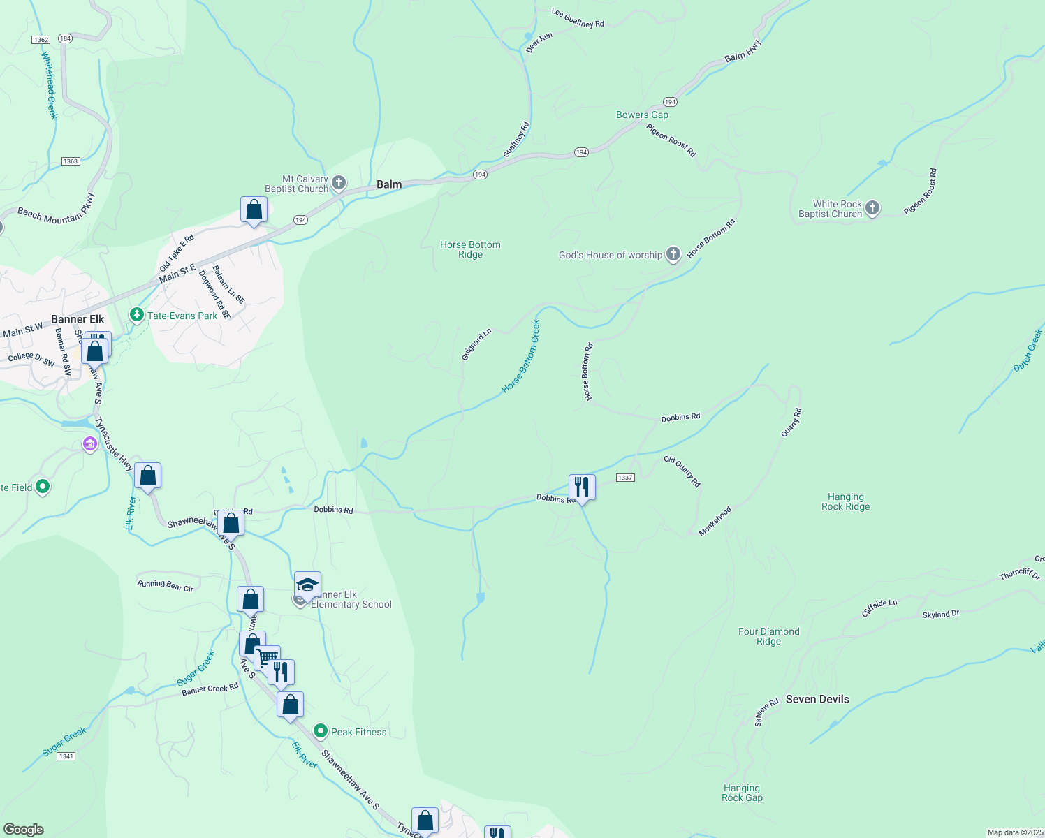 map of restaurants, bars, coffee shops, grocery stores, and more near 1157 Dobbins Road in Banner Elk