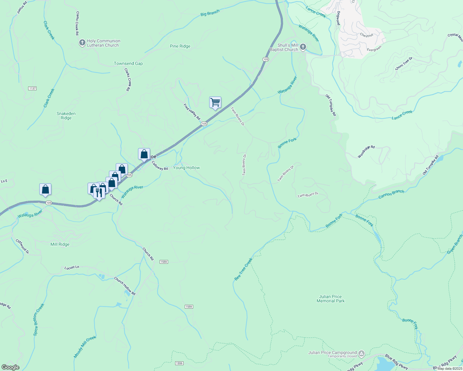 map of restaurants, bars, coffee shops, grocery stores, and more near 158 Fox Love Road North in Boone