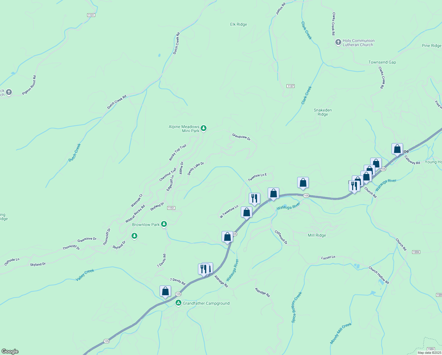 map of restaurants, bars, coffee shops, grocery stores, and more near 182 Streamside Lane in Seven Devils