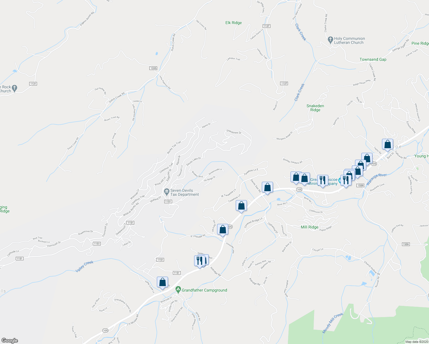 map of restaurants, bars, coffee shops, grocery stores, and more near 182 Streamside Lane in Seven Devils
