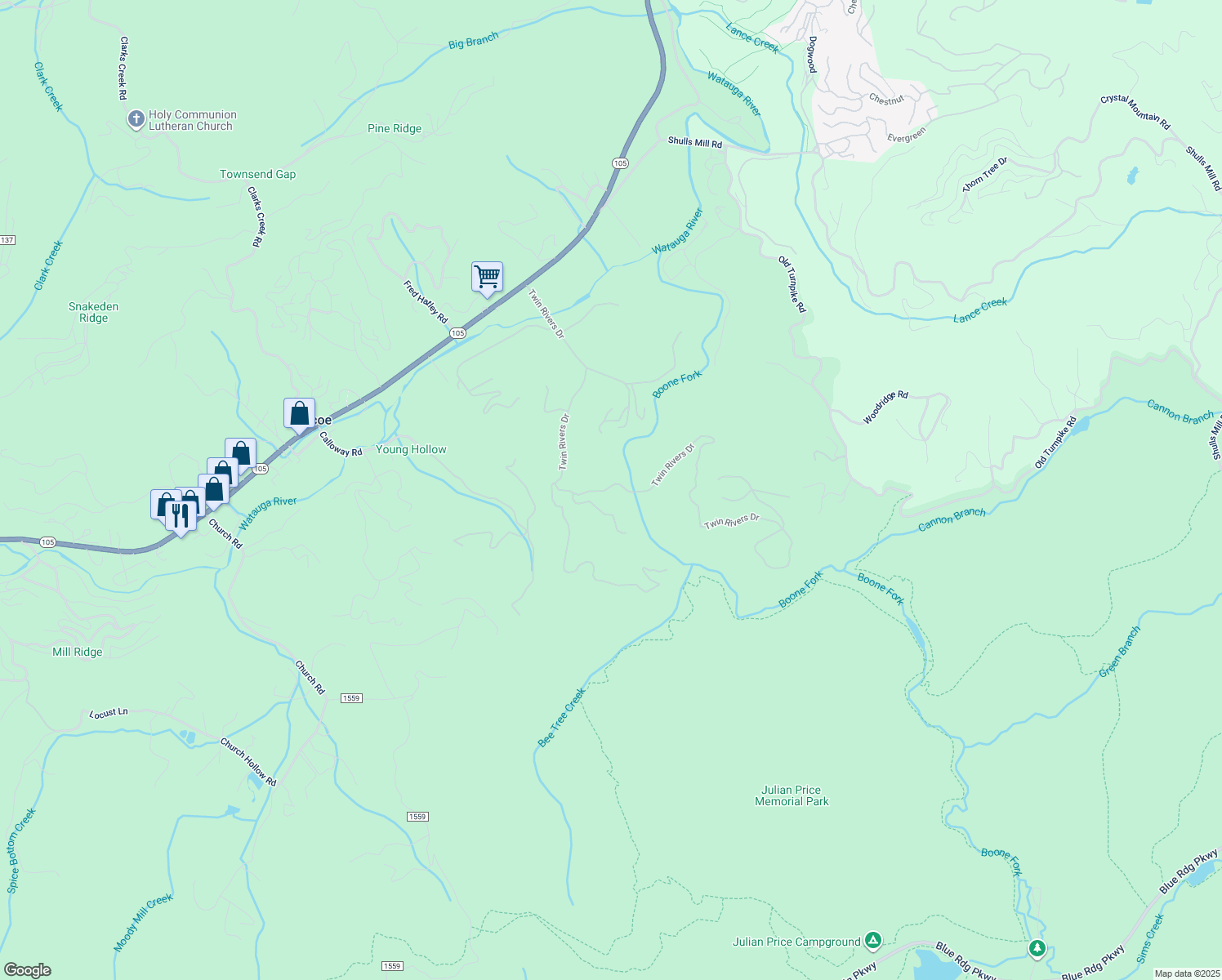 map of restaurants, bars, coffee shops, grocery stores, and more near 930 Twin Rivers Drive in Boone