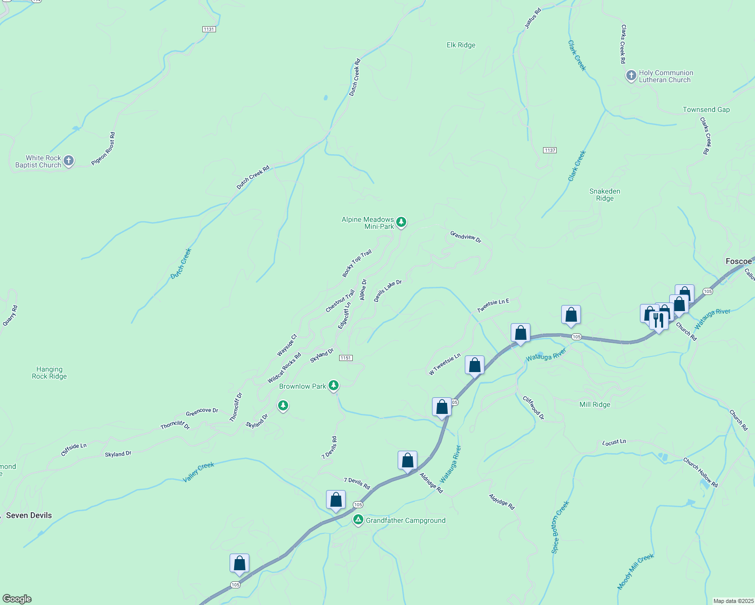 map of restaurants, bars, coffee shops, grocery stores, and more near 462 Devils Lake Drive in Seven Devils