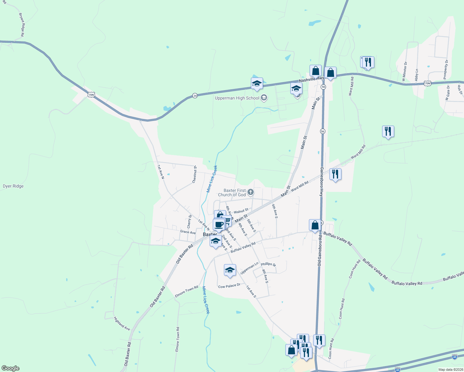 map of restaurants, bars, coffee shops, grocery stores, and more near 322 4th Avenue North in Baxter