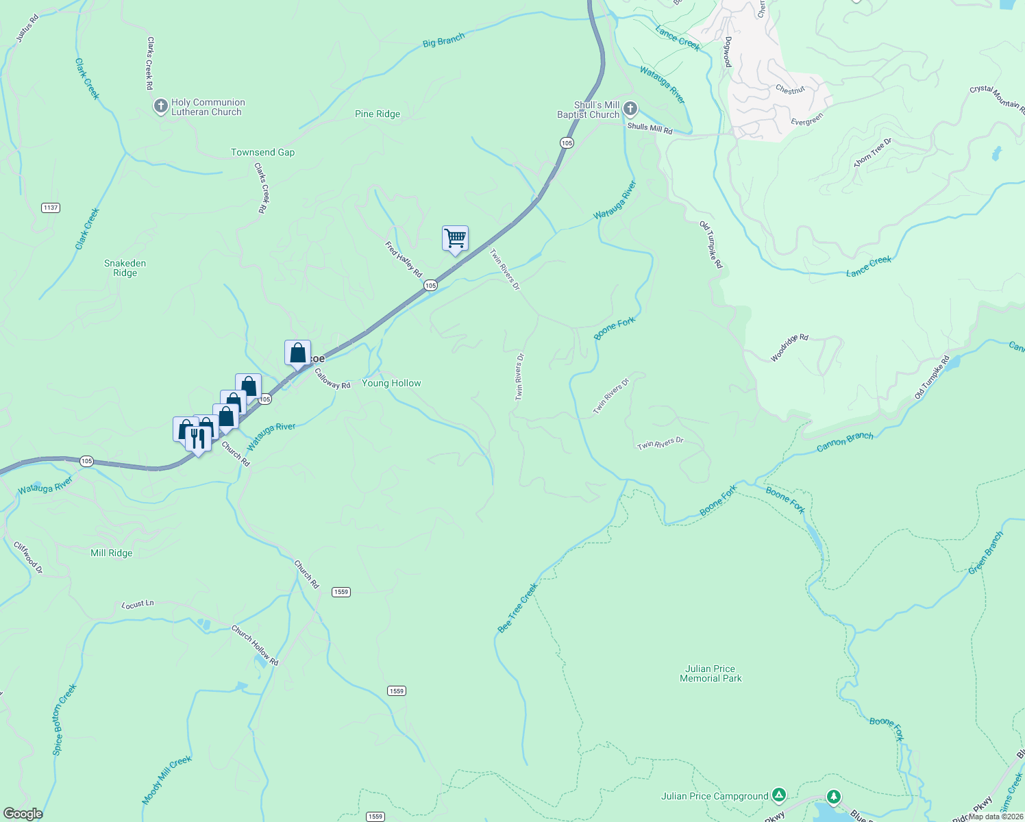 map of restaurants, bars, coffee shops, grocery stores, and more near 101 Ontario Ridge in Boone