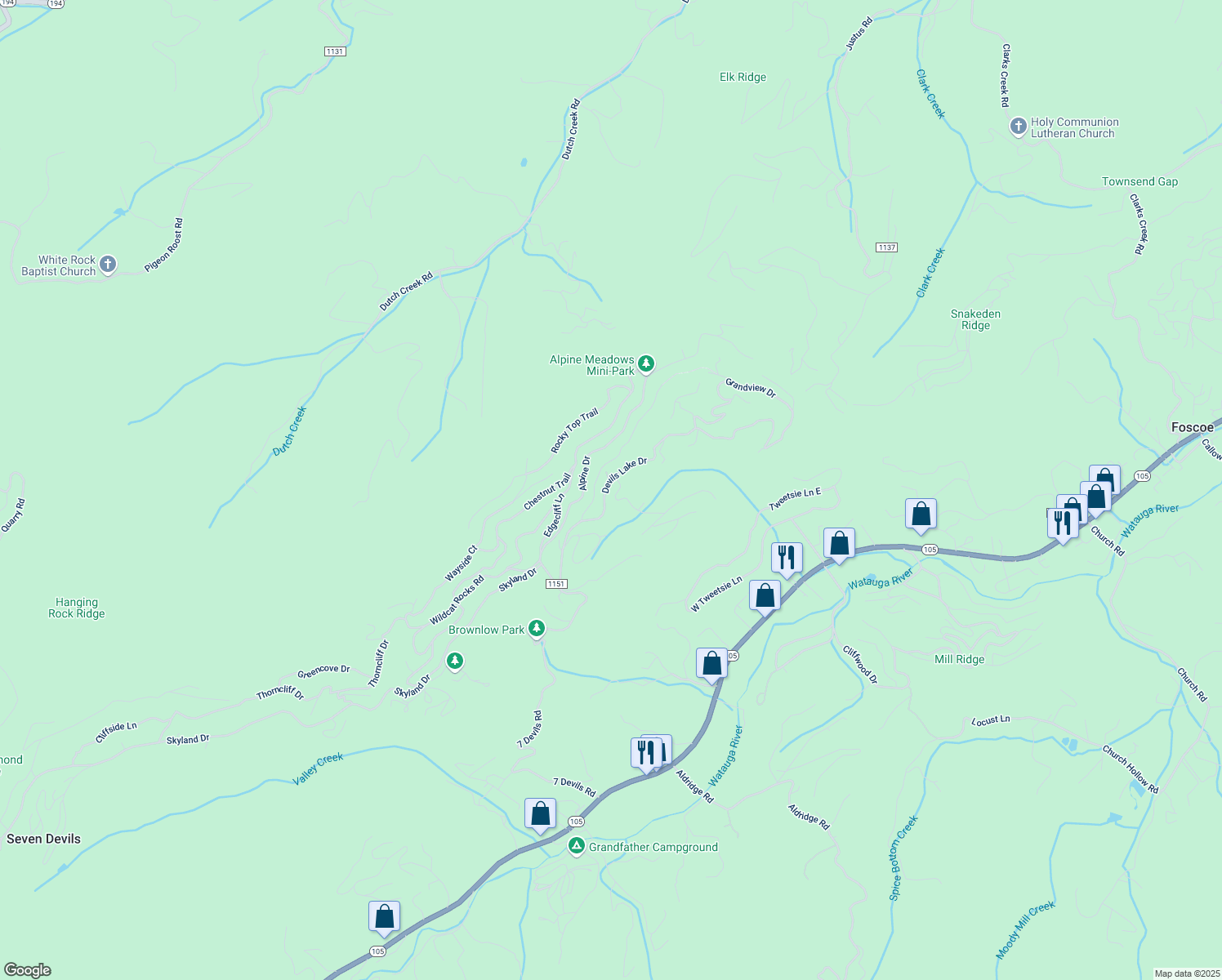 map of restaurants, bars, coffee shops, grocery stores, and more near 462 Devils Lake Drive in Seven Devils
