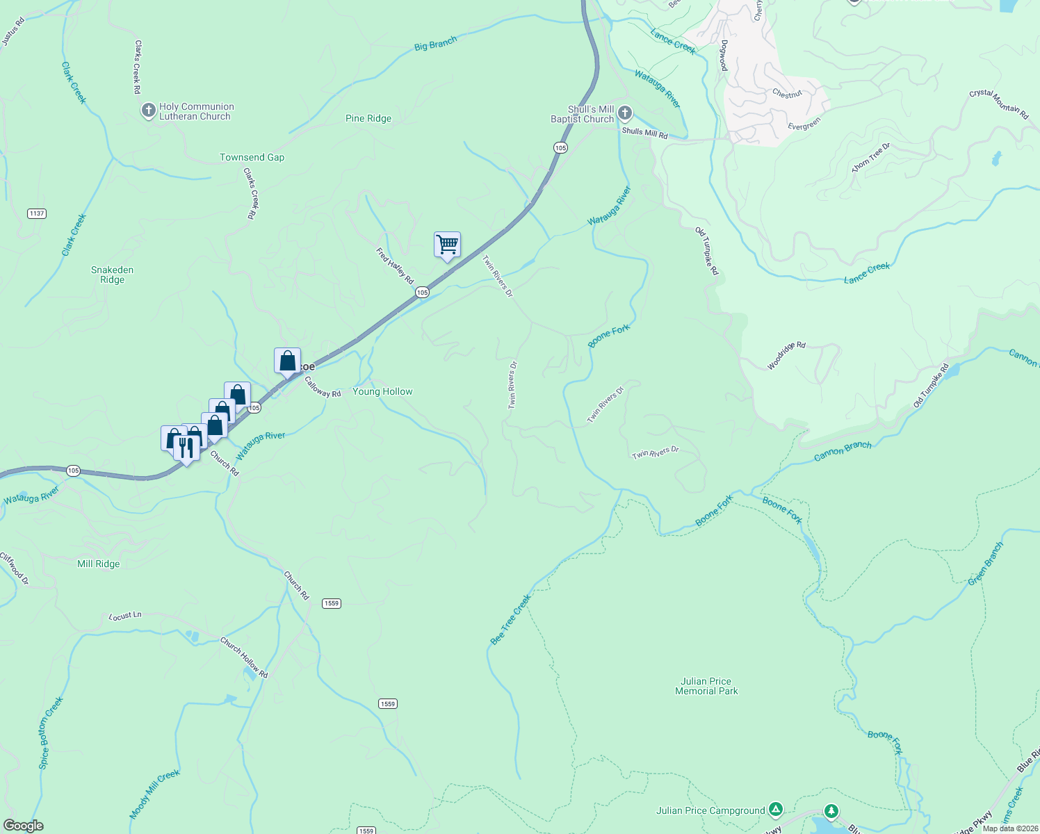 map of restaurants, bars, coffee shops, grocery stores, and more near 930 Twin Rivers Drive in Boone