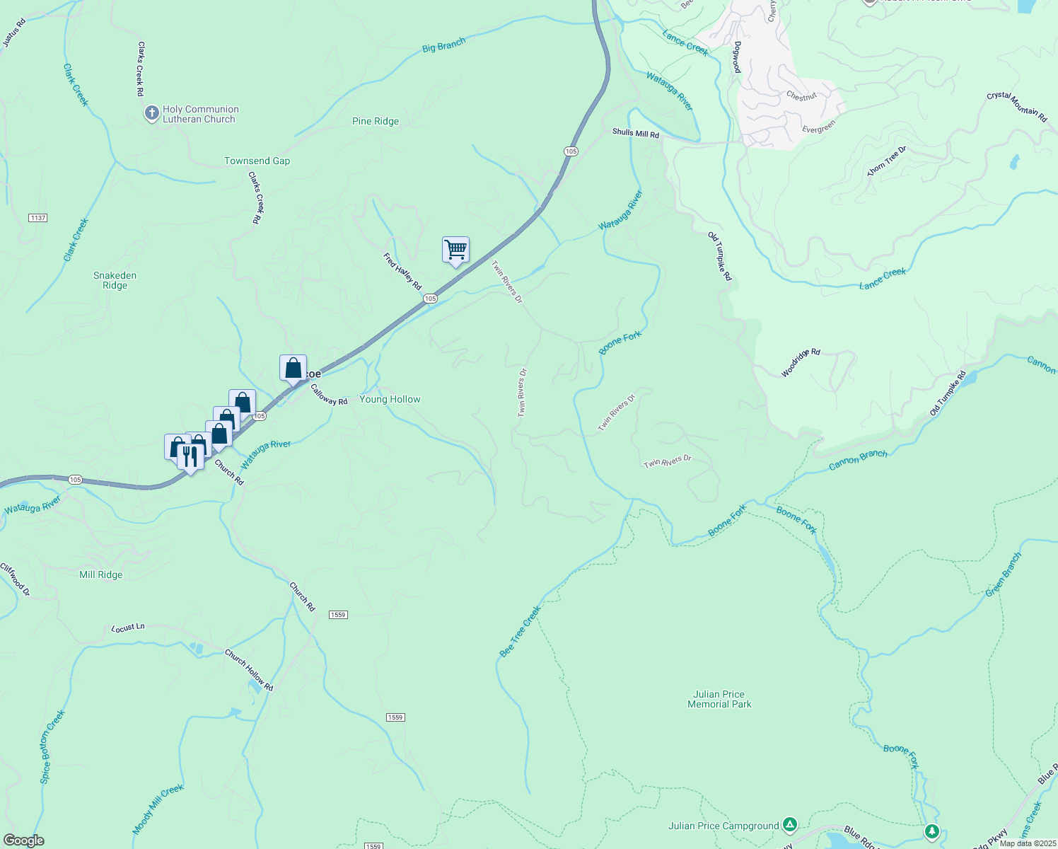 map of restaurants, bars, coffee shops, grocery stores, and more near 930 Twin Rivers Drive in Boone