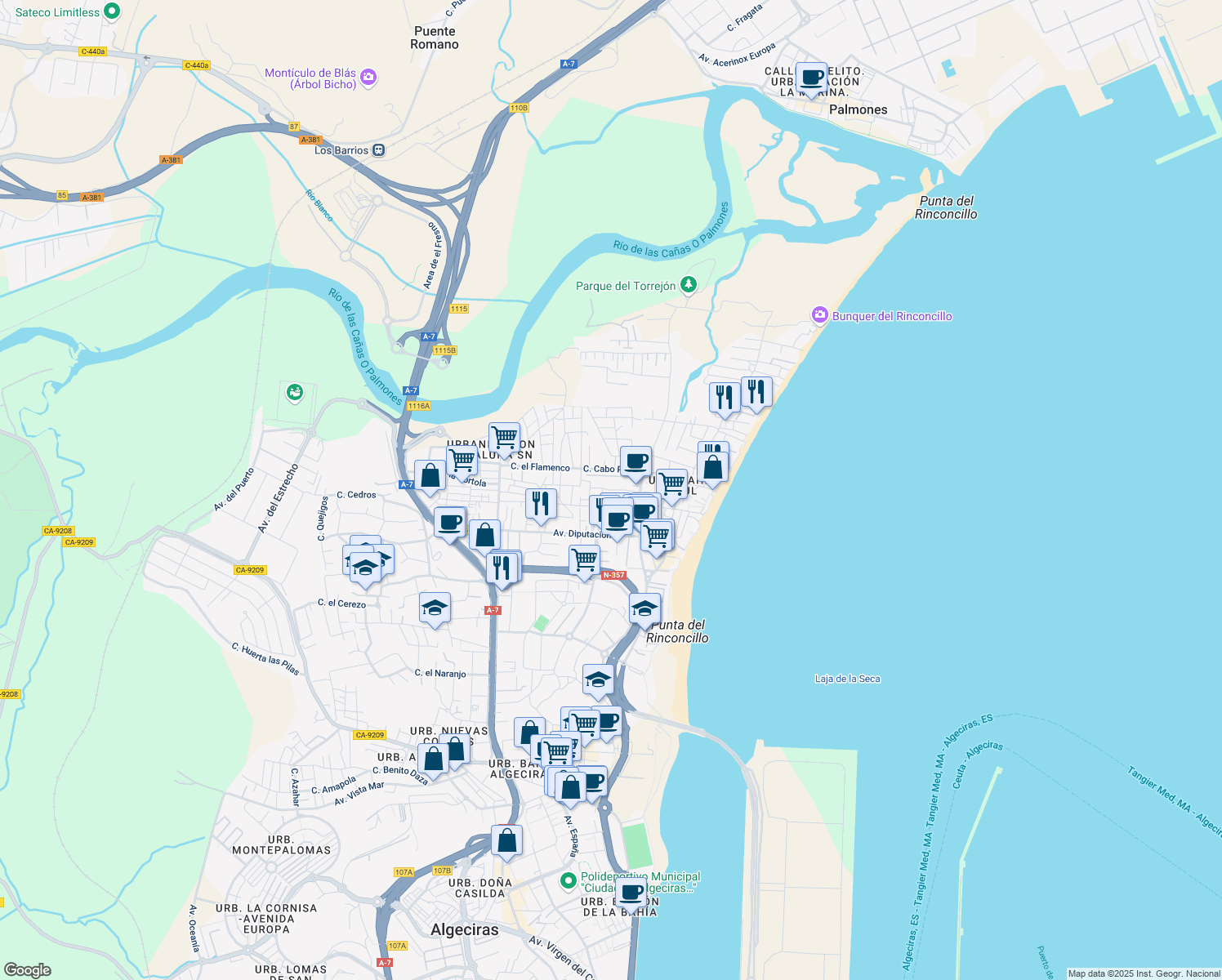 map of restaurants, bars, coffee shops, grocery stores, and more near Calle Cabo Cope in Algeciras