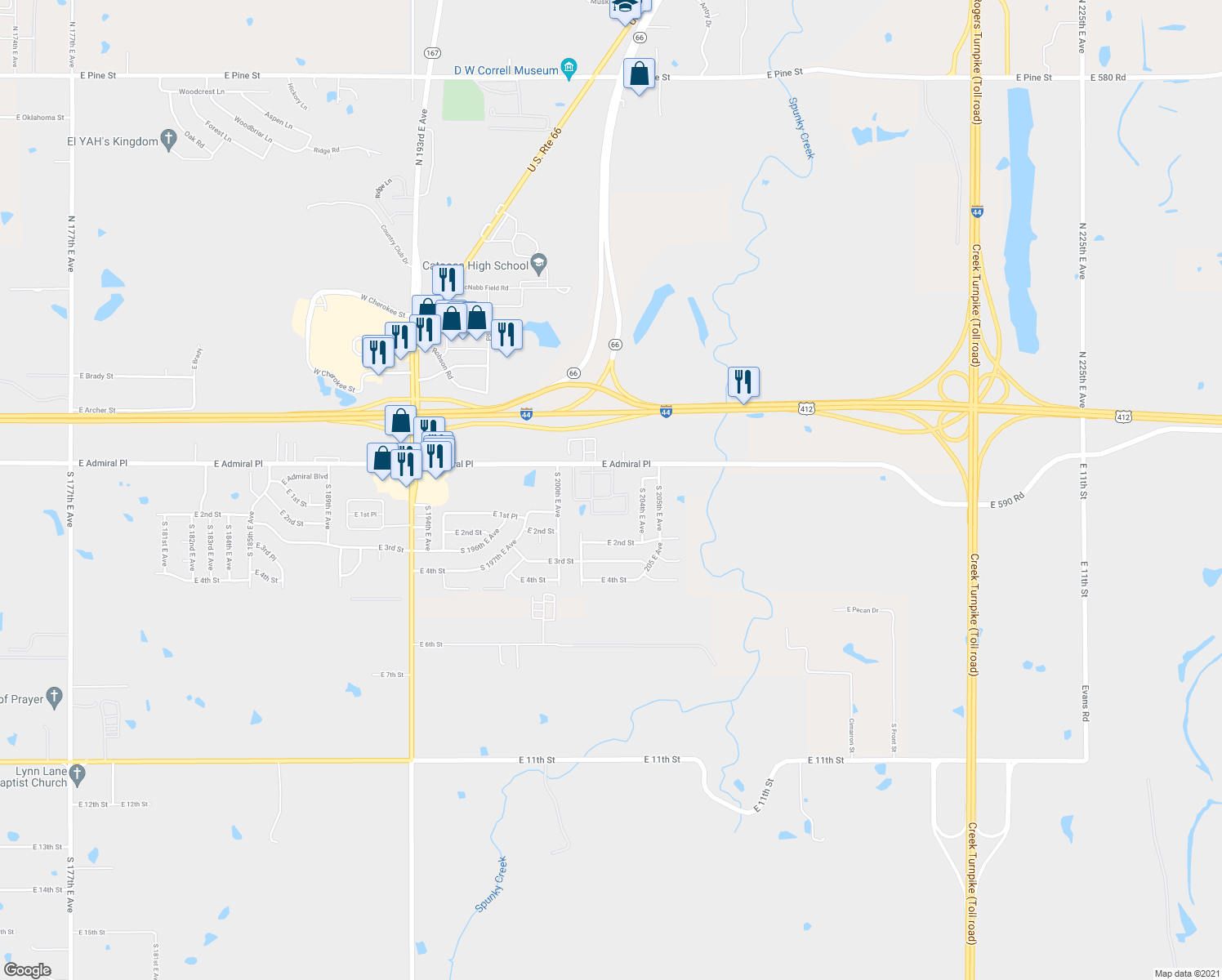 map of restaurants, bars, coffee shops, grocery stores, and more near 20202 East Admiral Place in Catoosa