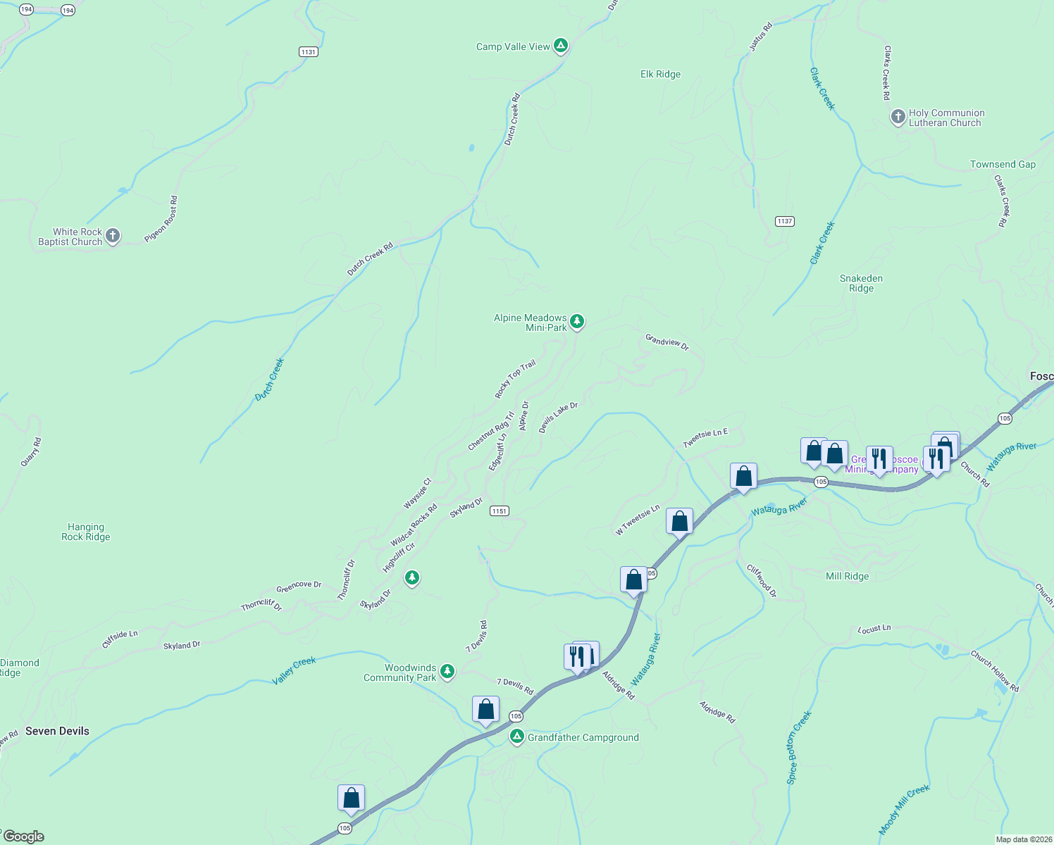 map of restaurants, bars, coffee shops, grocery stores, and more near 304 Edgecliff Lane in Seven Devils