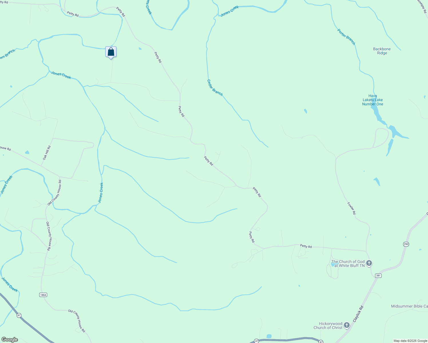 map of restaurants, bars, coffee shops, grocery stores, and more near 1465 Petty Road in White Bluff