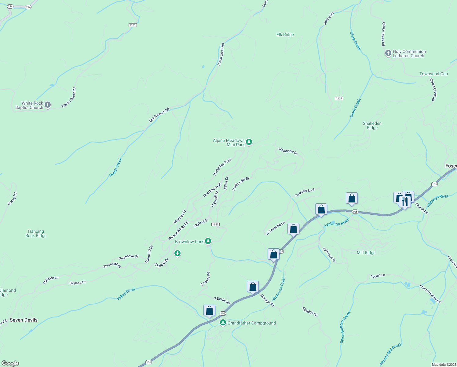 map of restaurants, bars, coffee shops, grocery stores, and more near 788 Chestnut Ridge Trail in Seven Devils