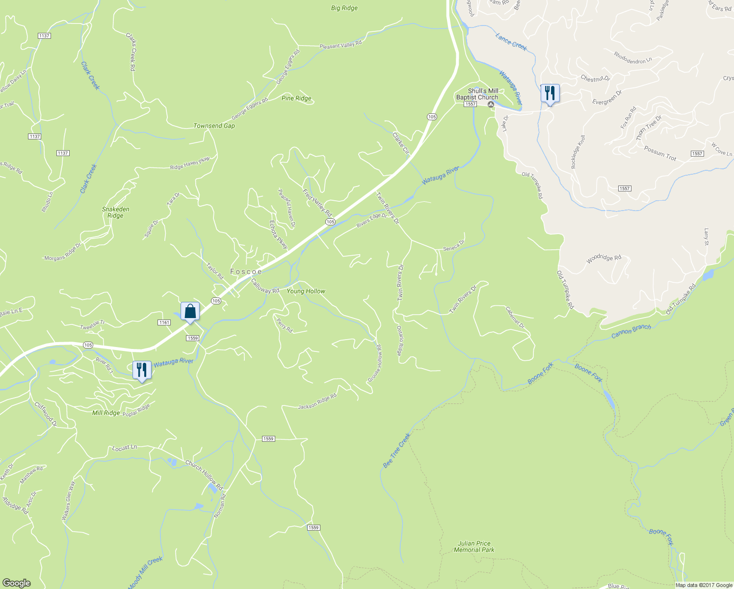 map of restaurants, bars, coffee shops, grocery stores, and more near 375 Fox Cove Road North in Boone