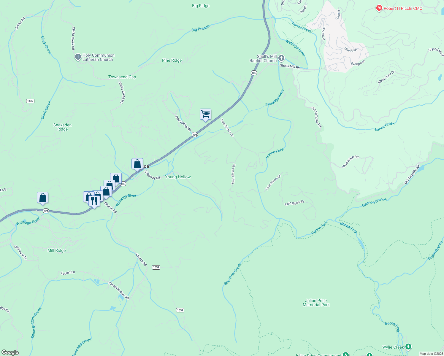 map of restaurants, bars, coffee shops, grocery stores, and more near 375 Fox Cove Road North in Boone