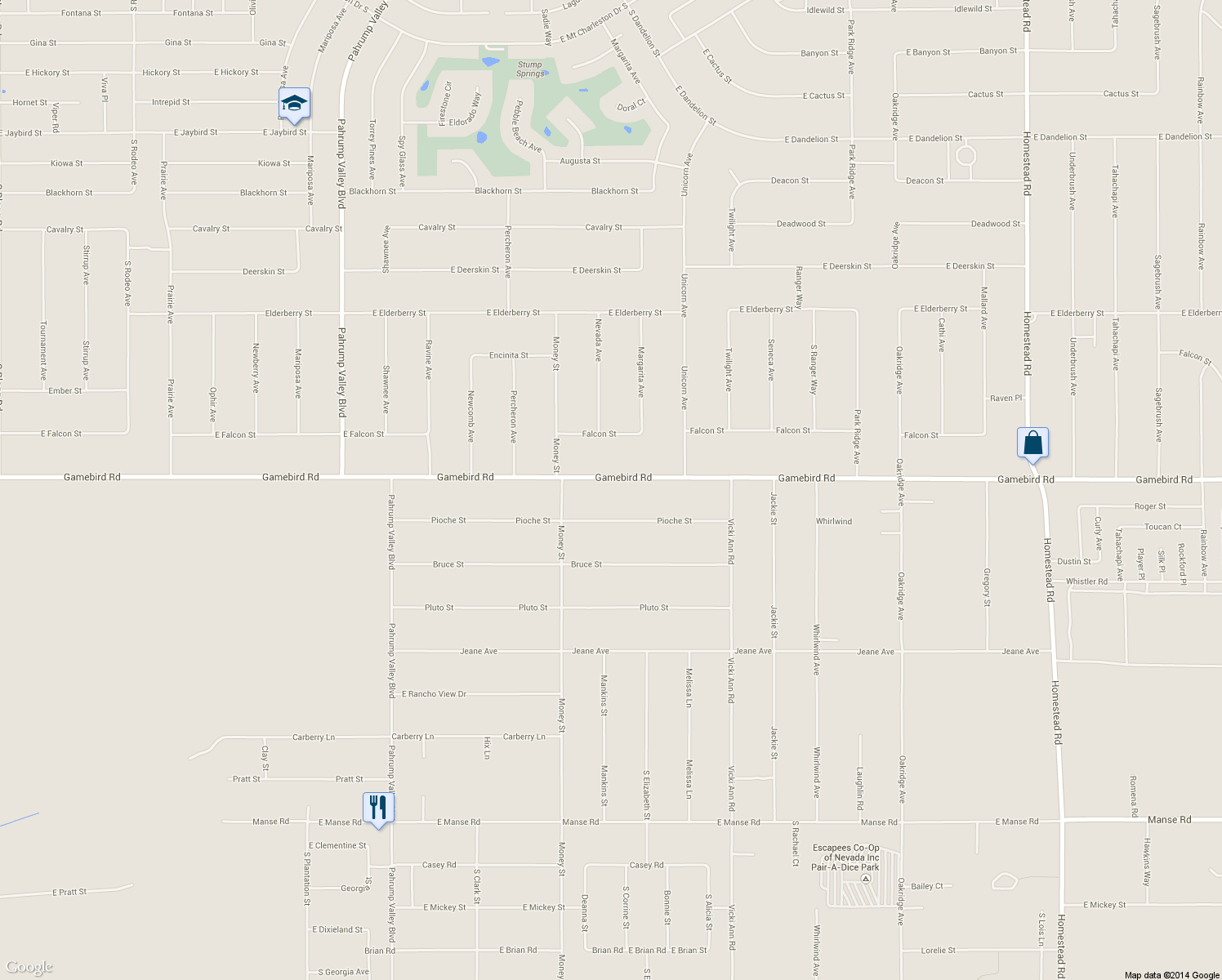 map of restaurants, bars, coffee shops, grocery stores, and more near 1641 E Gamebird Rd in Pahrump