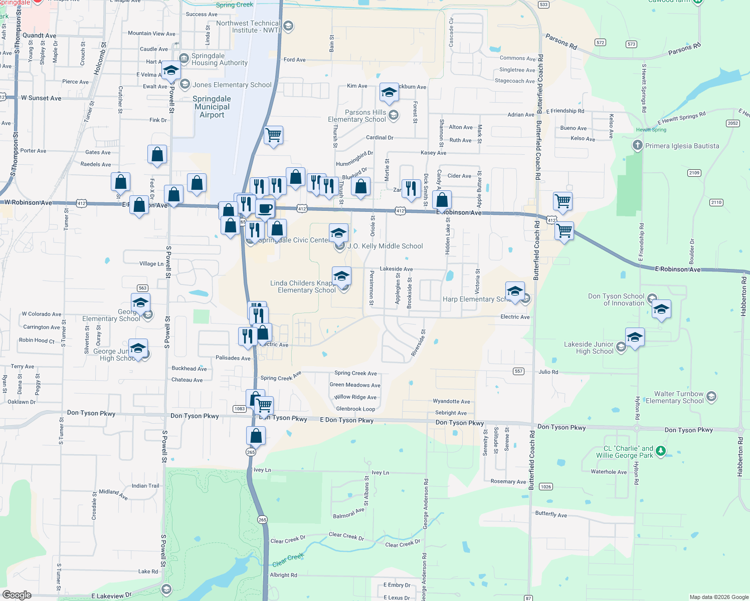 map of restaurants, bars, coffee shops, grocery stores, and more near 2651 Persimmon St in Springdale