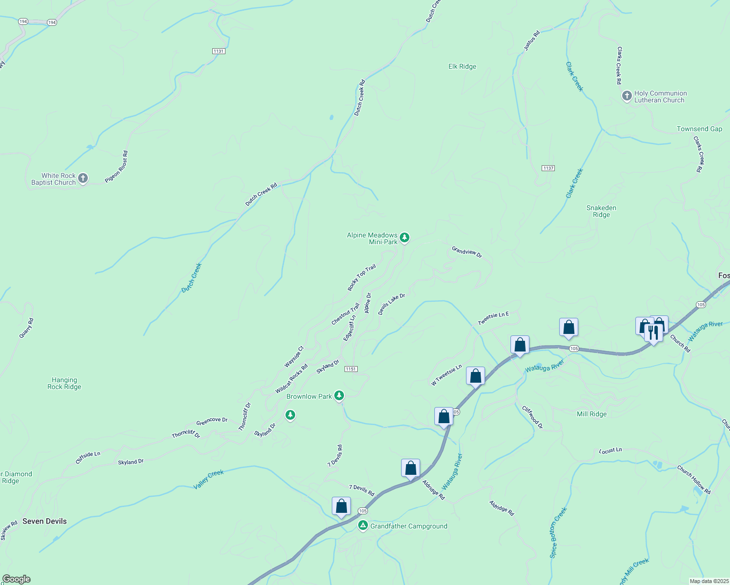 map of restaurants, bars, coffee shops, grocery stores, and more near 788 Chestnut Ridge Trail in Seven Devils