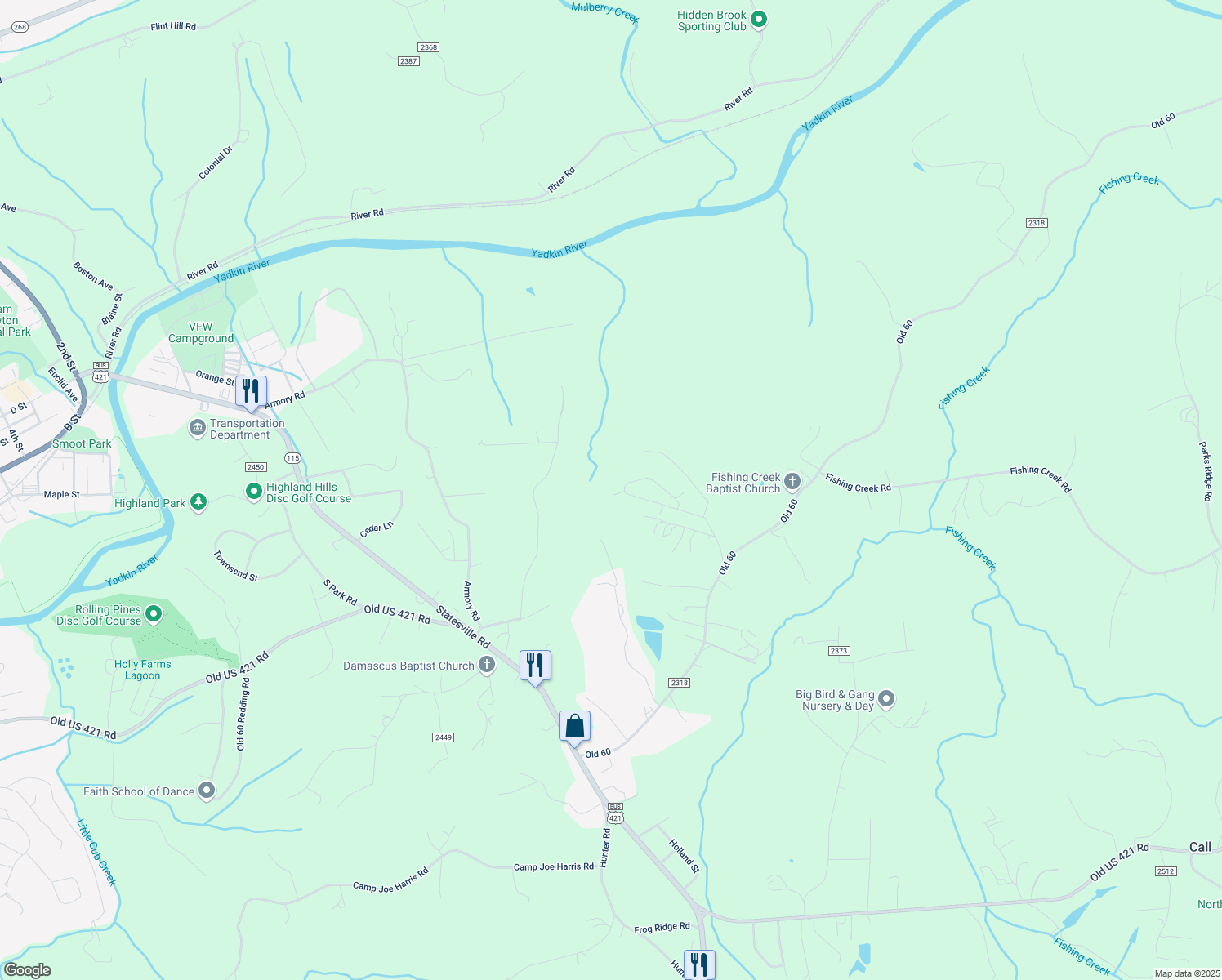 map of restaurants, bars, coffee shops, grocery stores, and more near 596 Holland Woods Road in Wilkesboro