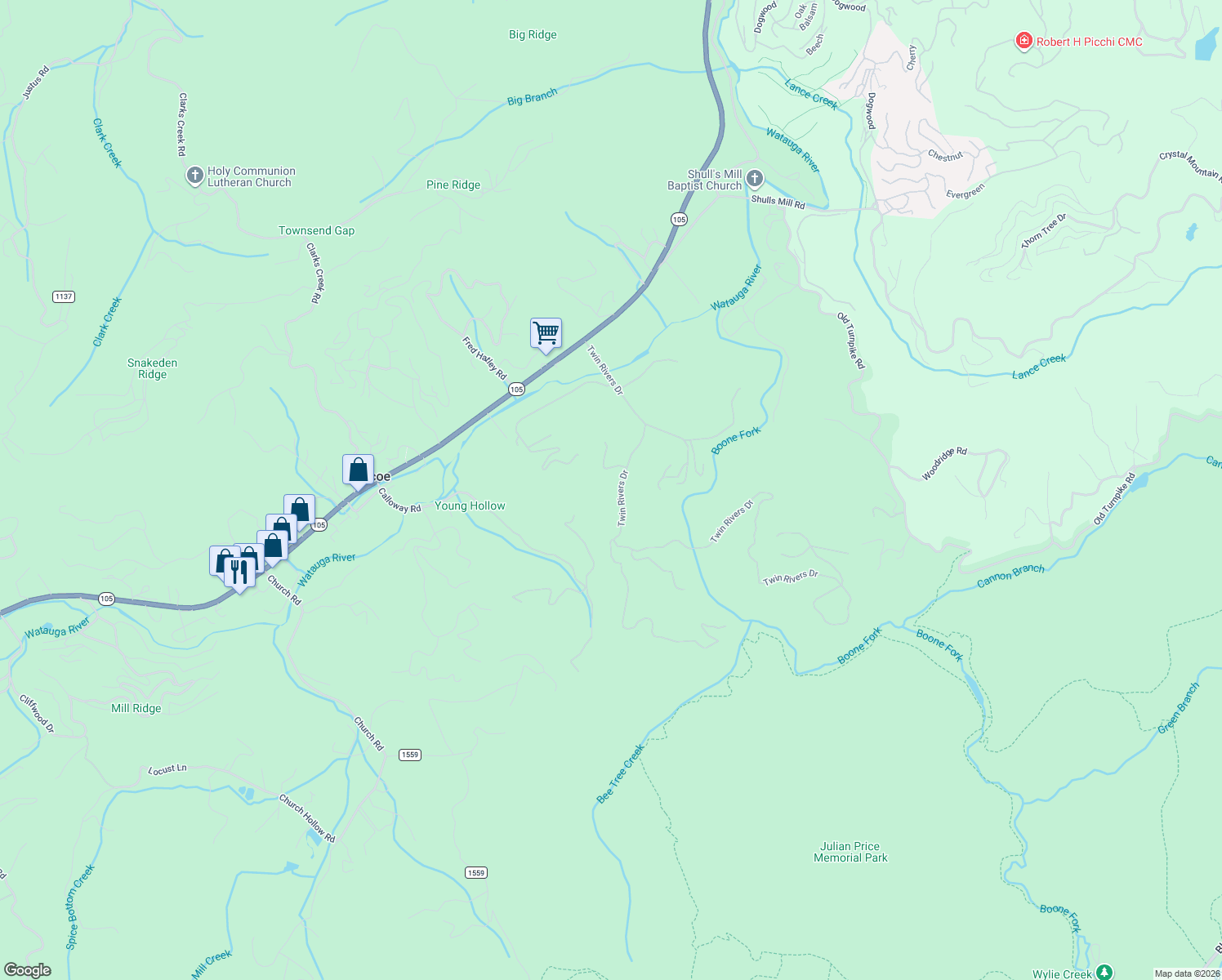 map of restaurants, bars, coffee shops, grocery stores, and more near 726 Twin Rivers Drive in Boone