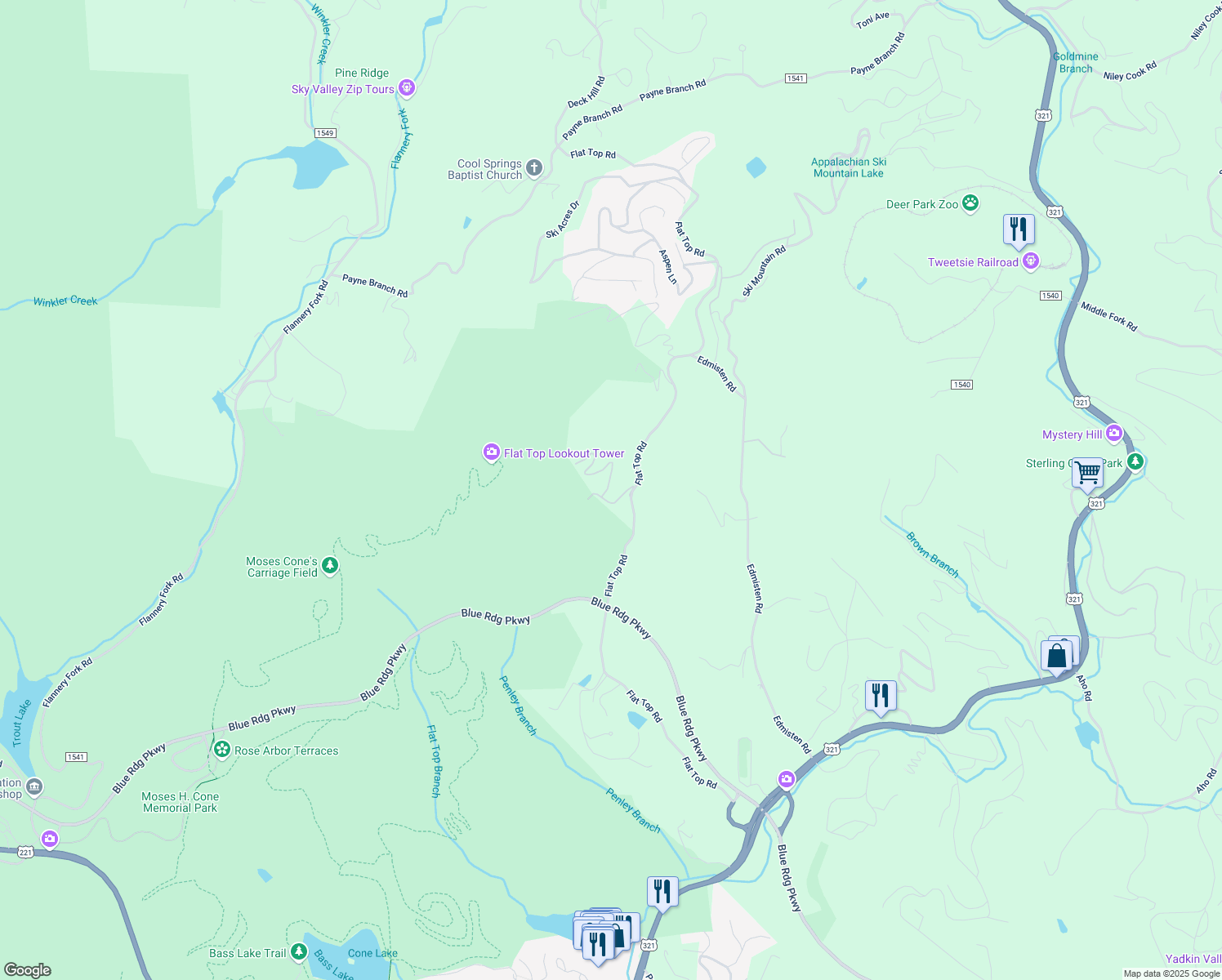 map of restaurants, bars, coffee shops, grocery stores, and more near 244 Forest Park Drive in Blowing Rock